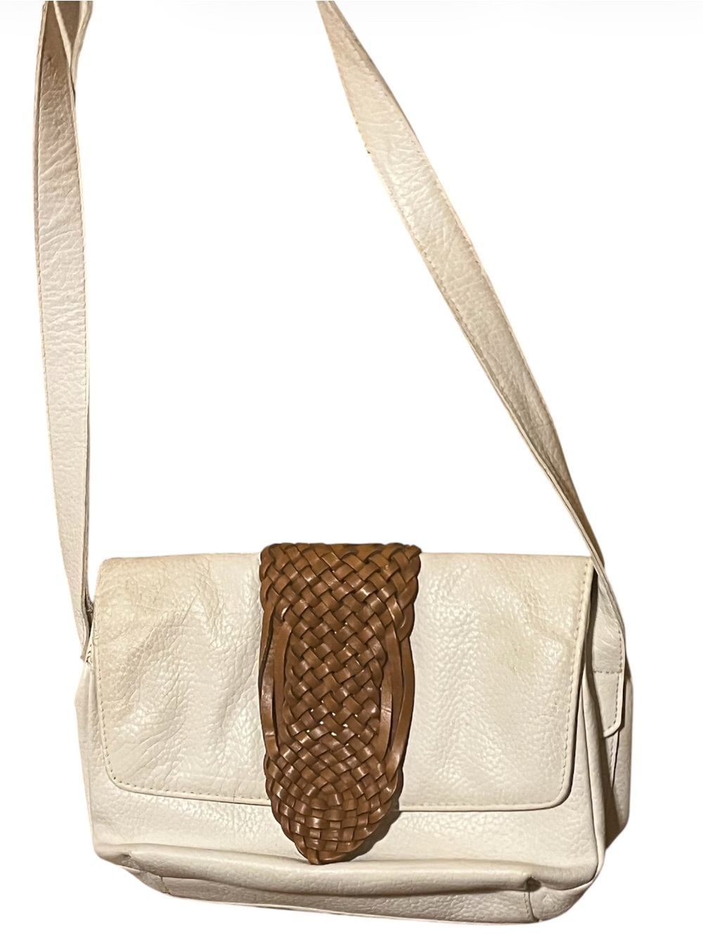 Leather  Neutral Cream Crossbody Bag with Woven Brown Accent  vintage 1980-1990s